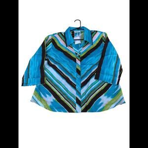 Vintage Selene Sport Women’s Blue Green Dress Button Down Blouse Shirt XL 3/4